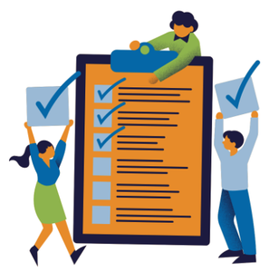 Graphic of a team finishing a task list